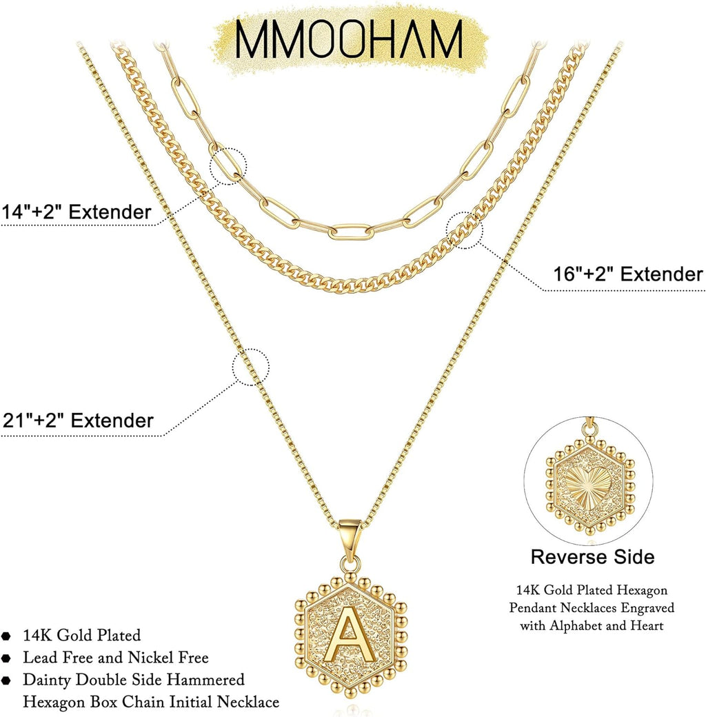 MOOHAM Layered Initial Necklaces - 14K Real Gold Plated Layered Necklace Initial Necklace Paperclip Chain for Women