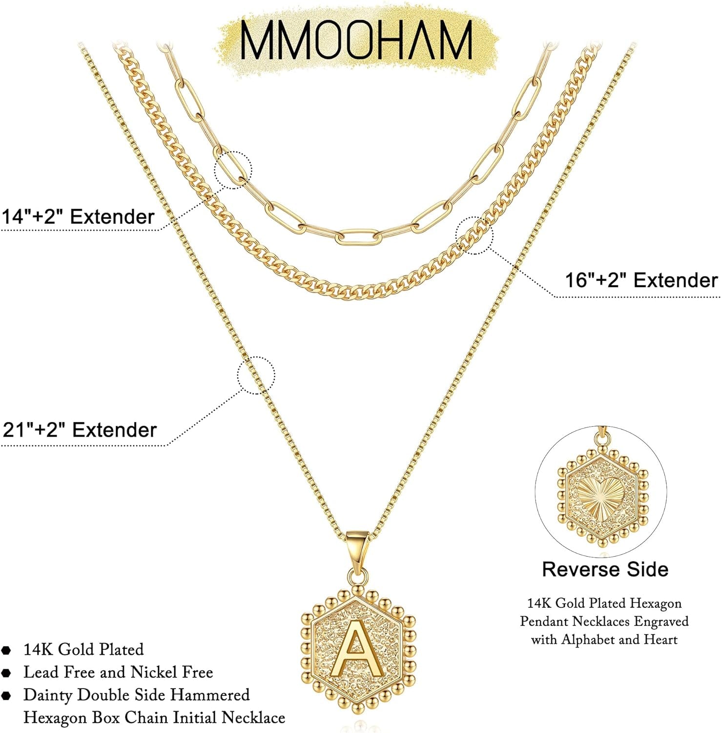 MOOHAM Layered Initial Necklaces - 14K Real Gold Plated Layered Necklace Initial Necklace Paperclip Chain for Women
