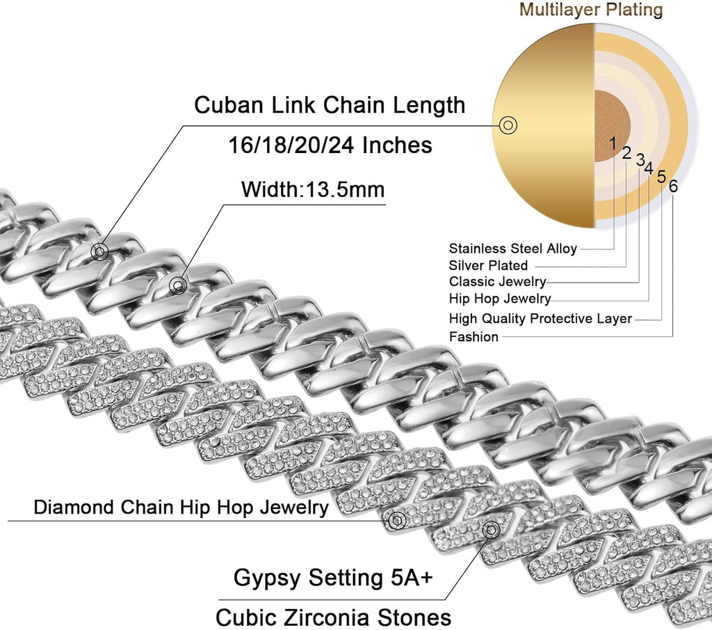 Mens Cuban Link Chain Iced Out Silver Miami Cuban Necklace Bling Diamond Chain Hip Hop Jewelry with Gift Box for Women
