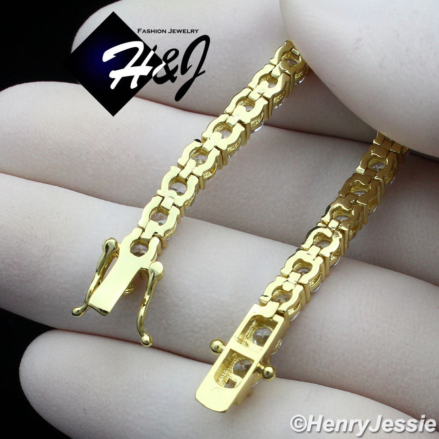 7"MEN WOMEN 14K GOLD PLATED 4MM ICY CZ GOLD 1 ROW TENNIS CHAIN BRACELET*BGB2