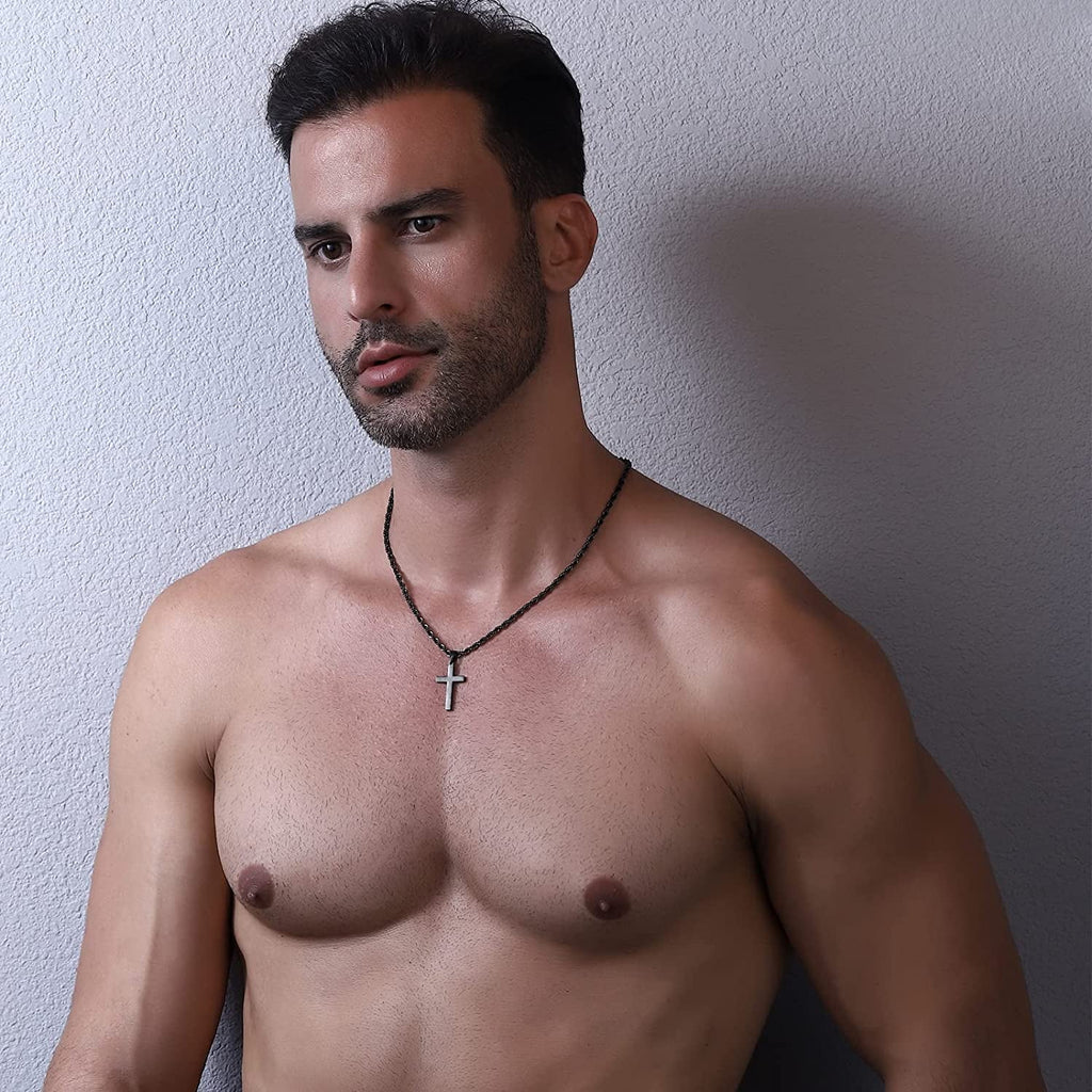 Layered Black Cross Necklaces for Men Boys Stainless Steel Figaro Twist Rope Pendant Chain Set Religious Christian Birthday Valentines Day Jewelry Gifts Him Teen Dad Husband Adults Kids Ideas