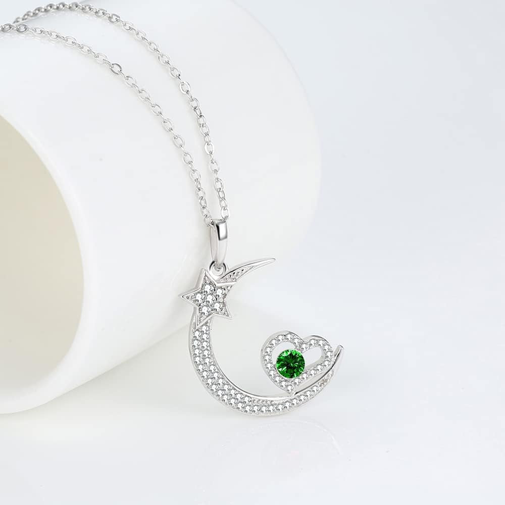Birthday Gifts for Mom May Birthstones Necklace Emerald Jewelry I Love You to the Moon and Back Moon Shooting Star Jewelry Women Mother Sterling Silver