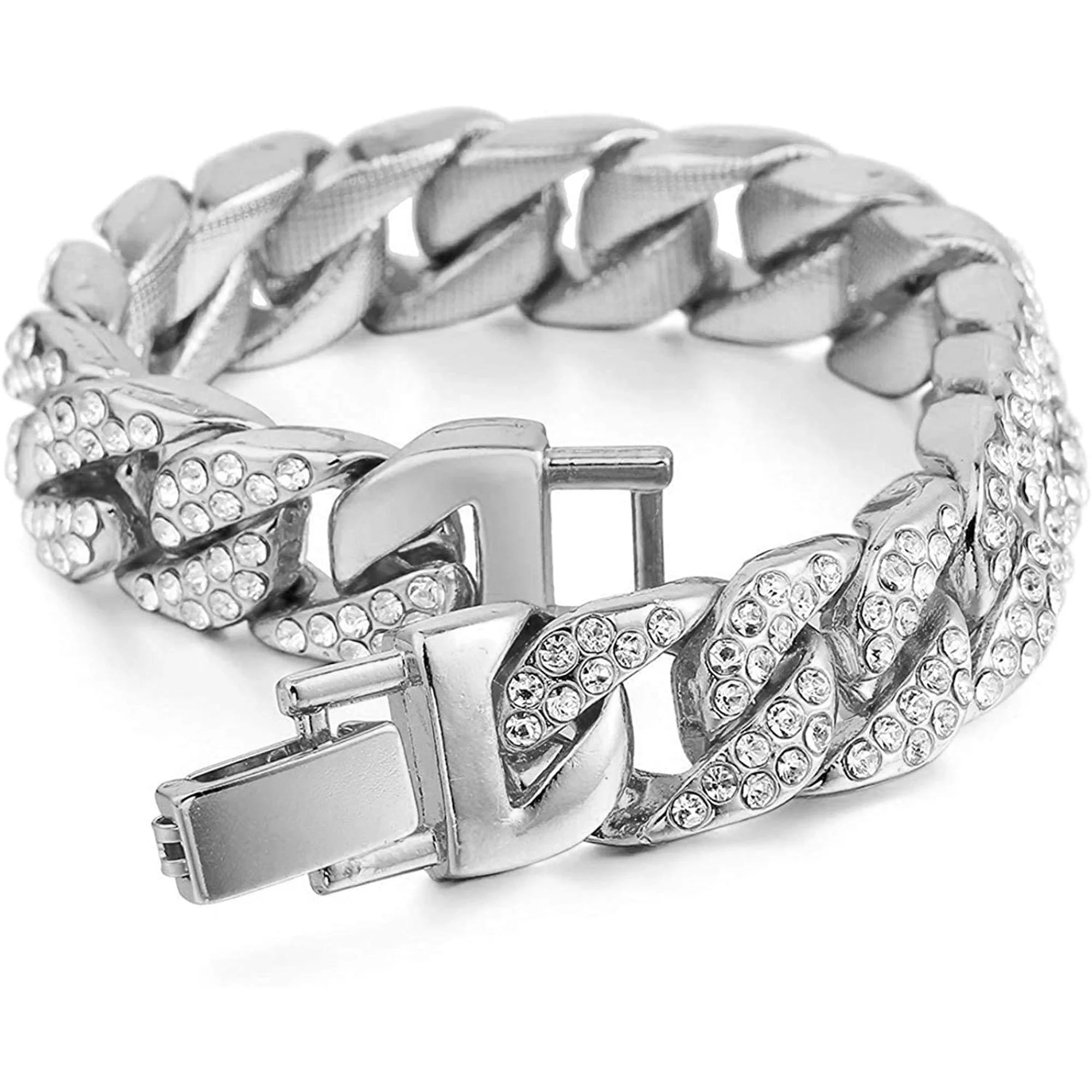 Silver Plated Bling-Ed Out Oblong Case Metal Mens Watch W/Matching Cuban Chain Bracelet, Cuban Necklace, Tennis Chain & Ring Size 8-8967CRNTS (8)