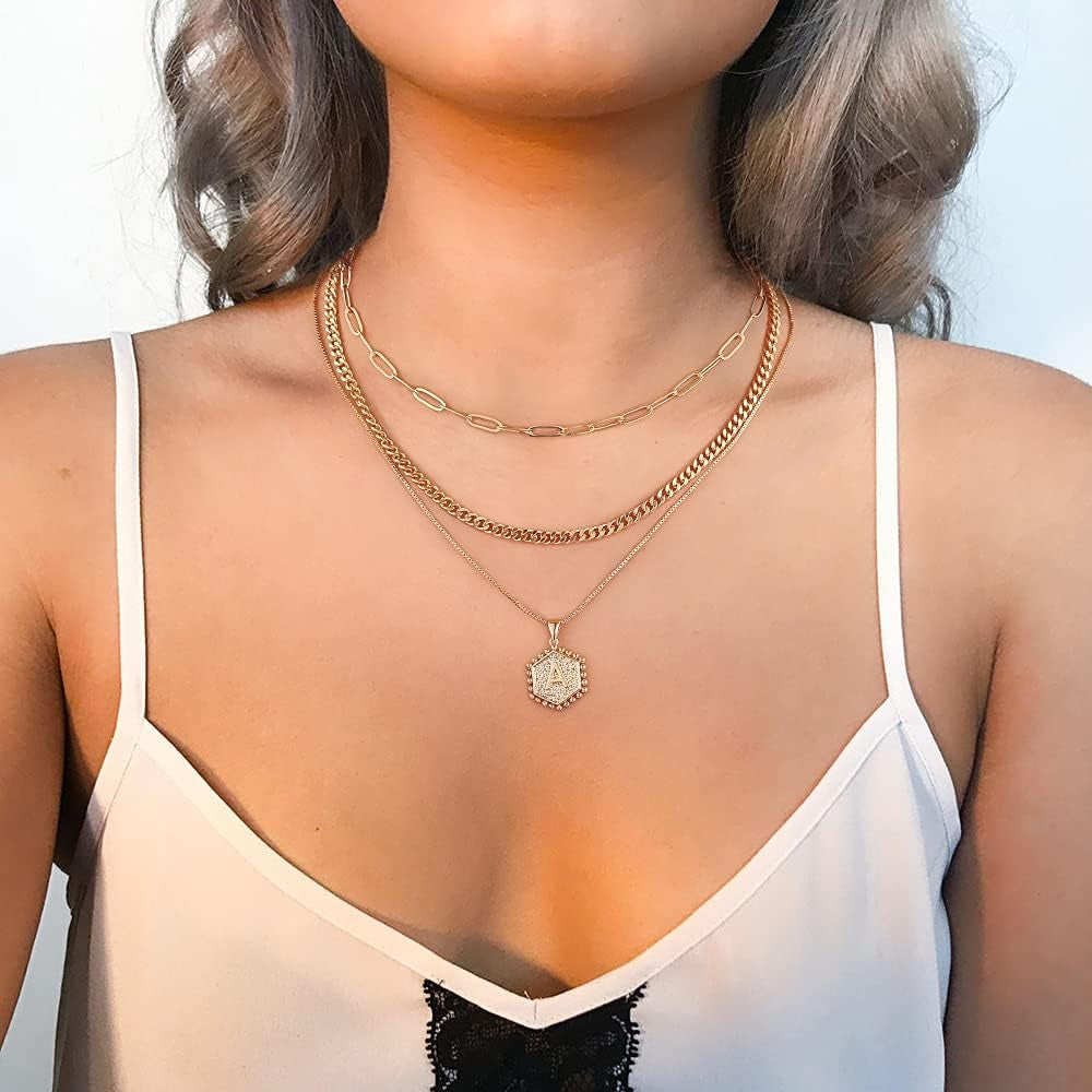 MOOHAM Layered Initial Necklaces - 14K Real Gold Plated Layered Necklace Initial Necklace Paperclip Chain for Women