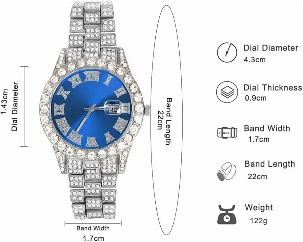 Fashion Diamond Watch for Men Iced Out Wristwatch Band Trim Hip Hop Bracelet Necklace Set