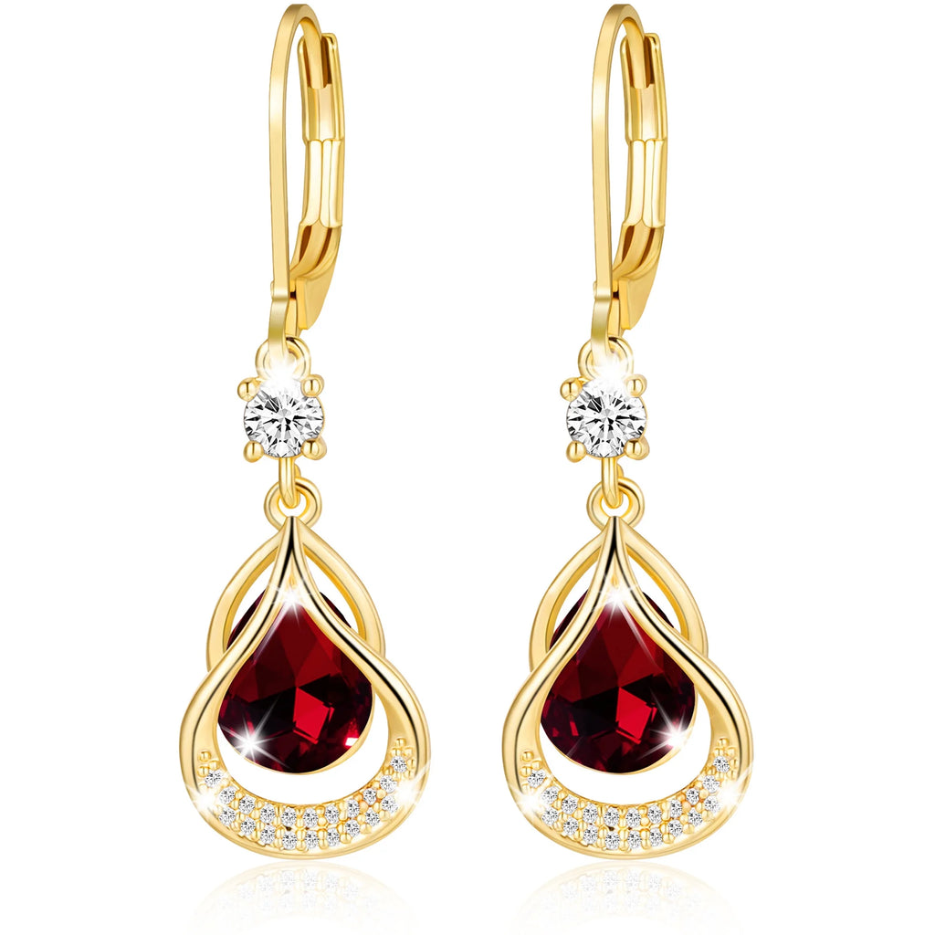18K Gold Plated Drop Earrings for Women Girls Hypoallergenic January Birthstone Earrings with Red Garnet Birthday Valentines Day Jewelry Gifts Teen Her Mom Girlfriend Adults Wife Kids Age Ideas