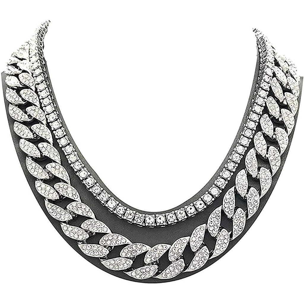 Silver Plated Bling-Ed Out Oblong Case Metal Mens Watch W/Matching Cuban Chain Bracelet, Cuban Necklace, Tennis Chain & Ring Size 8-8967CRNTS (8)