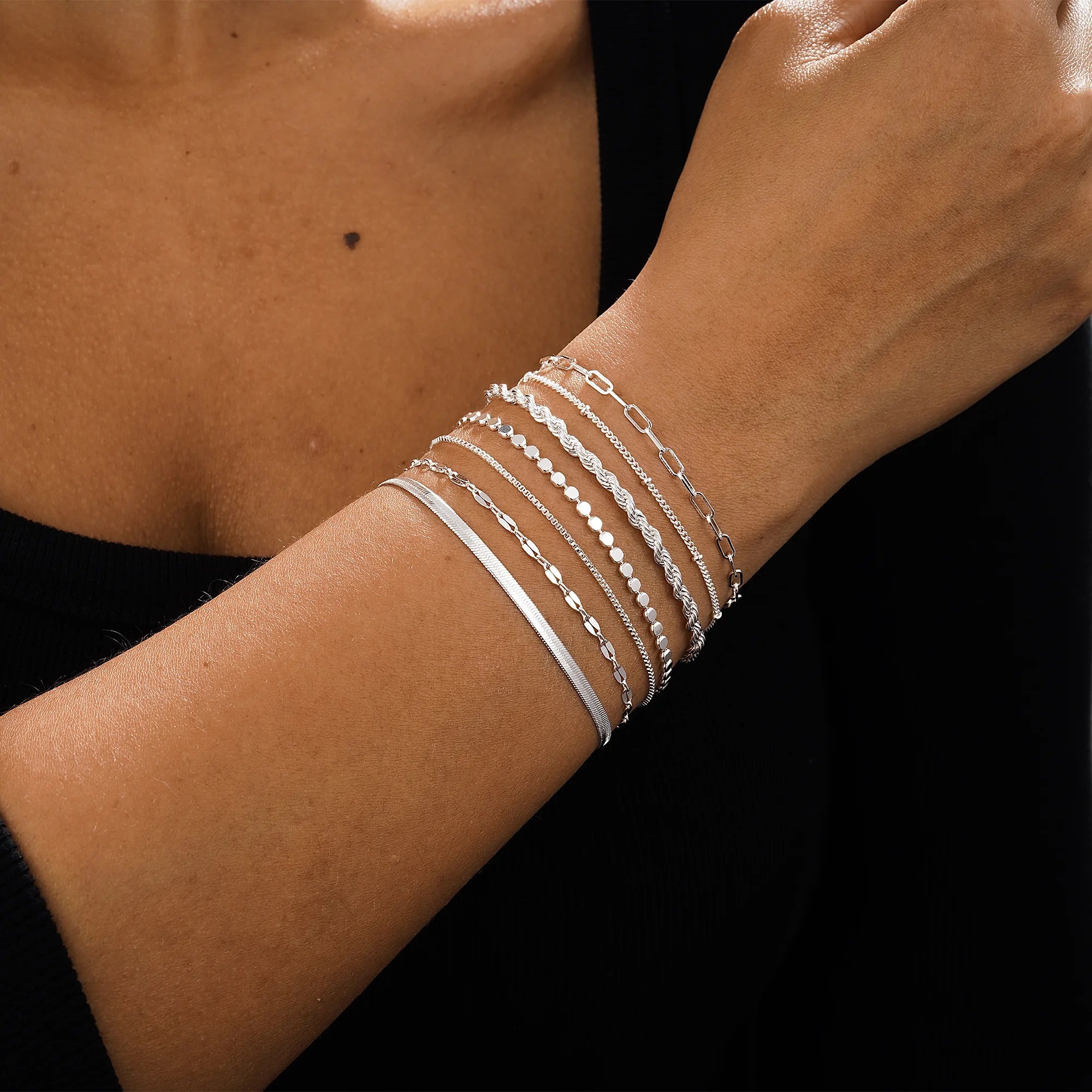 Silver Plated Bracelets for Women Stack Set Trendy Stackable Non Tarnish Paperclip Chain Bracelets for Women