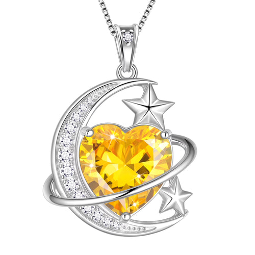 13MM Women Moon and Star Necklace Heart November Birthstone 925 Sterling Silver Sun and Moon Necklace Pendant Yellow Citrine Jewelry Christmas Valentines Mother'S Day Gift