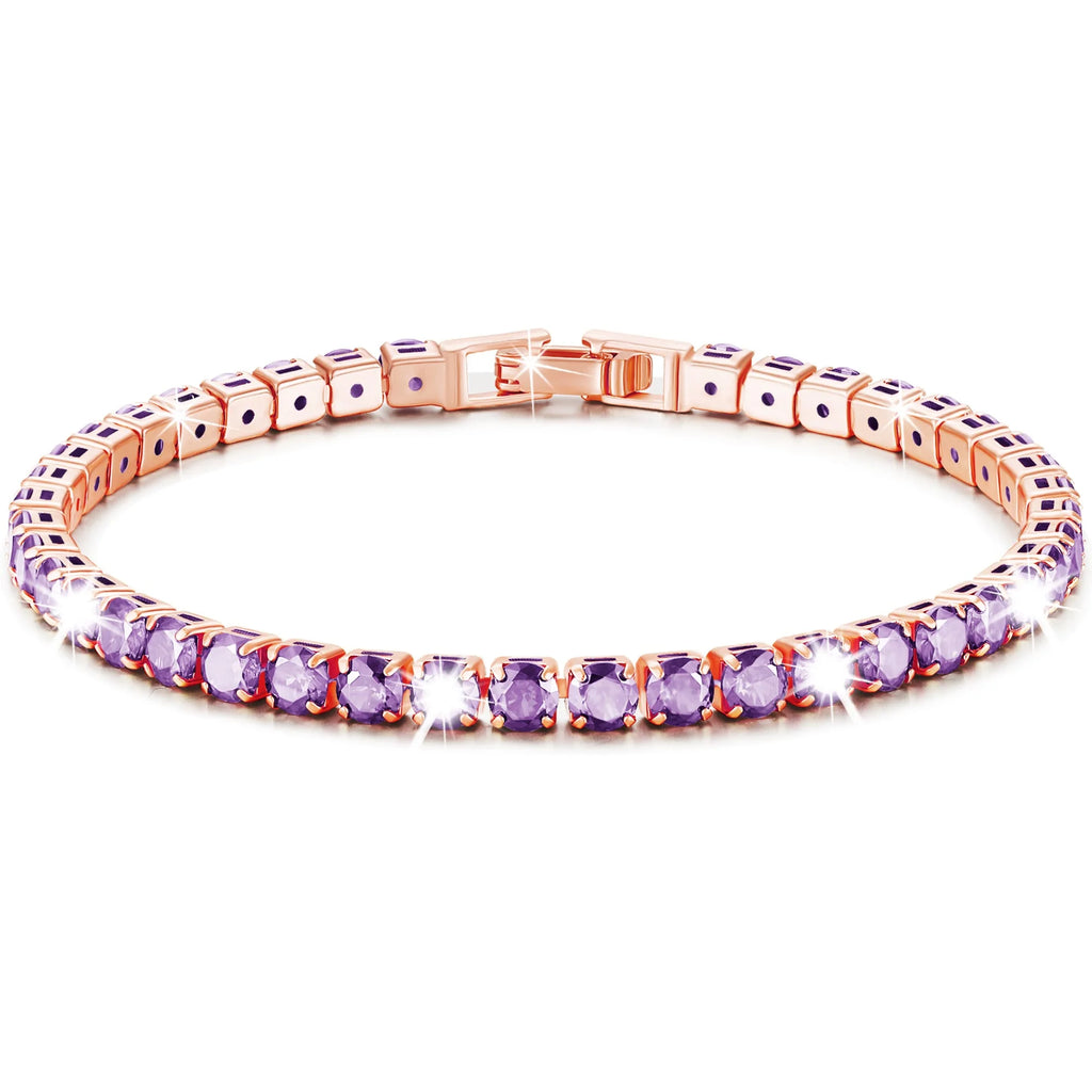 18K Rose Gold Plated Tennis Bracelets for Women Girls CZ February Birthstone Bracelet with Purple Amethyst Birthday Valentines Day Jewelry Gifts Teen Her Girlfriend Mom Adults Kids Age Ideas