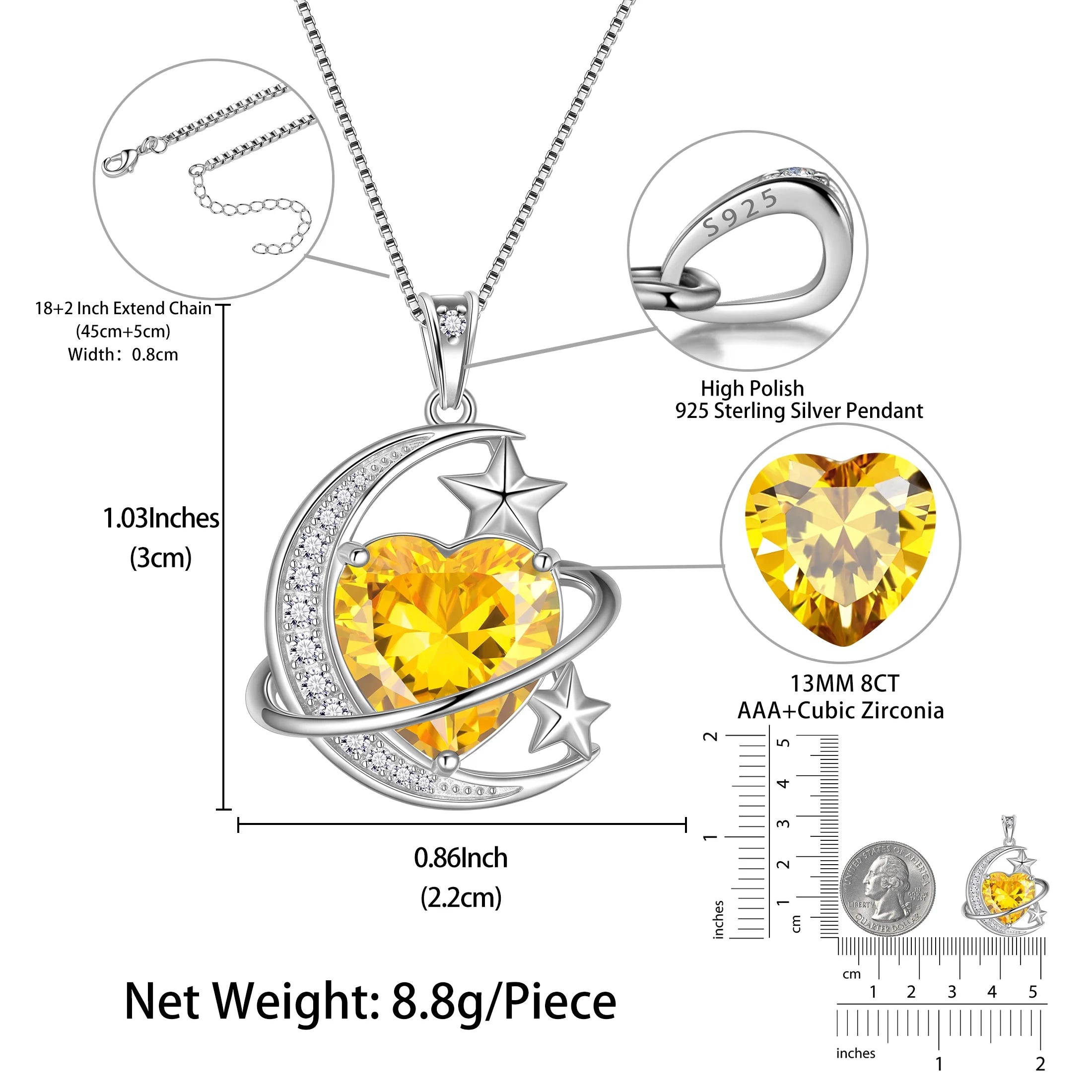 13MM Women Moon and Star Necklace Heart November Birthstone 925 Sterling Silver Sun and Moon Necklace Pendant Yellow Citrine Jewelry Christmas Valentines Mother'S Day Gift