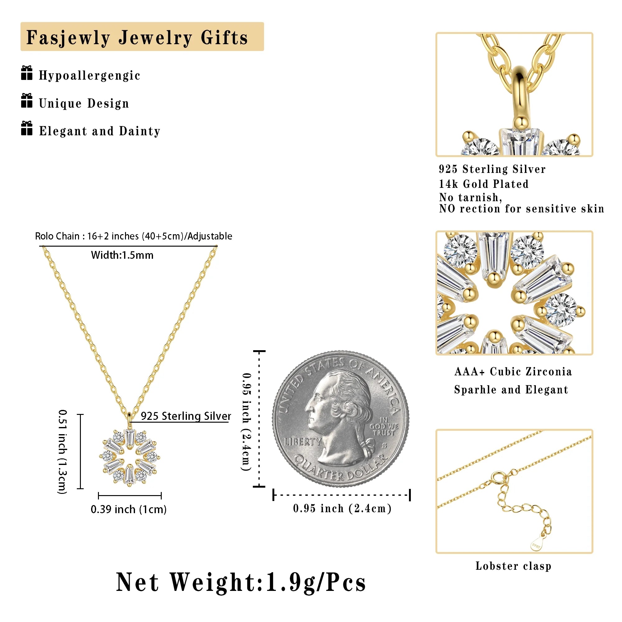 Gold Cute Necklace,Sterling Silver Dainty round CZ Pendant Necklaces for Women