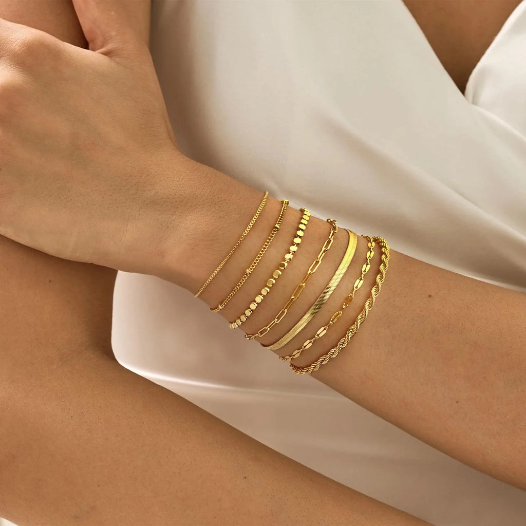 7PCS Gold Plated Bracelets for Women Stack Set Trendy Stackable Non Tarnish Paperclip Chain Bracelets