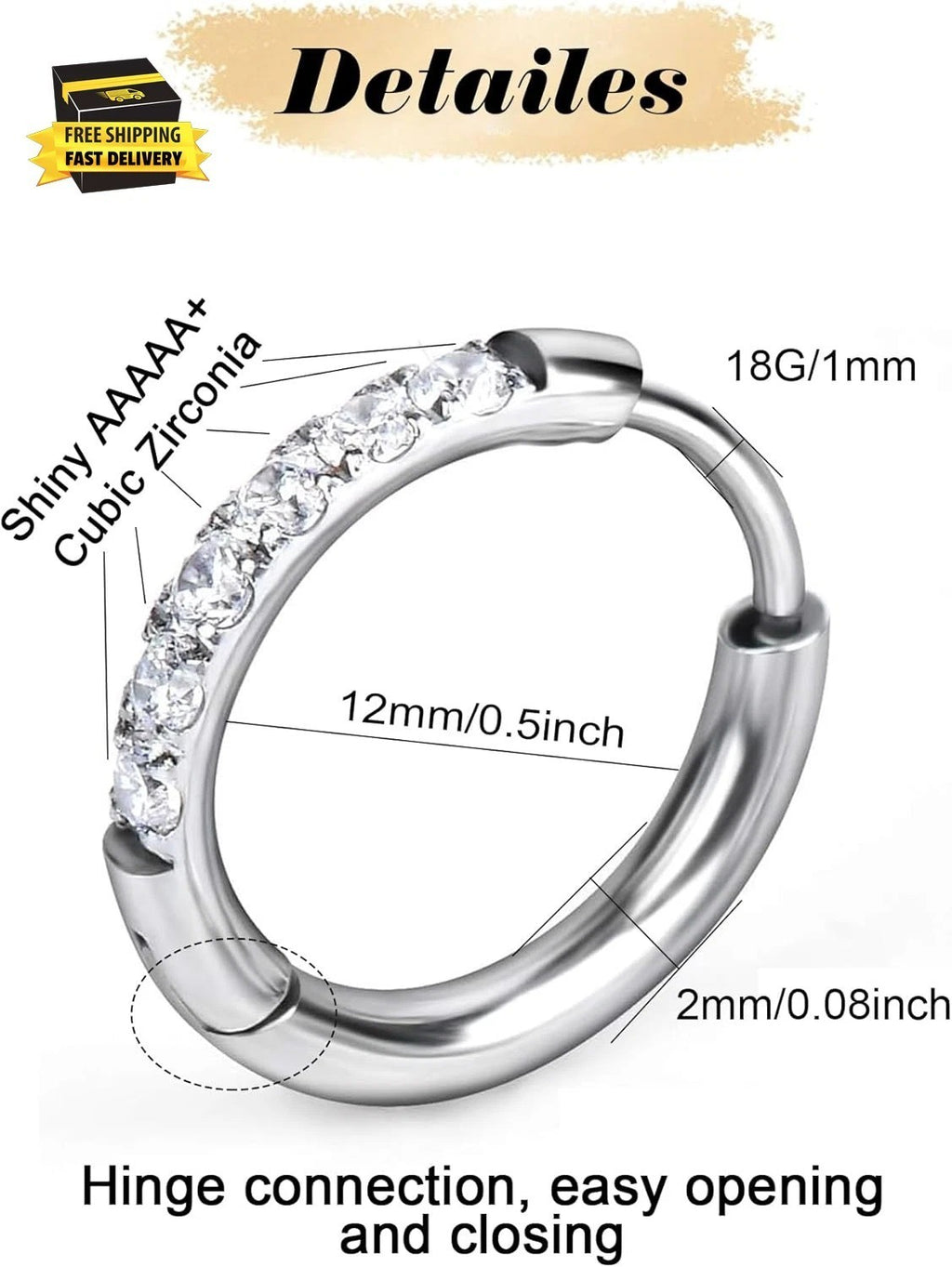 1 Pair Small Hoop Earrings for Women Men,316L Surgical Steel Hinge Huggie Hoop E