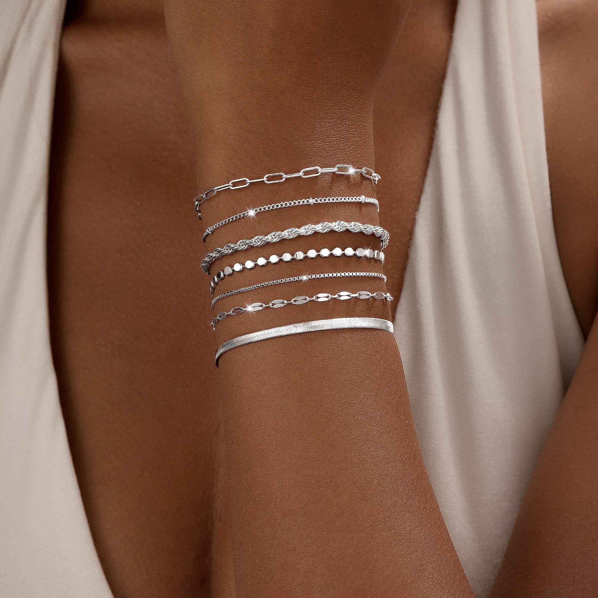 Silver Plated Bracelets for Women Stack Set Trendy Stackable Non Tarnish Paperclip Chain Bracelets for Women