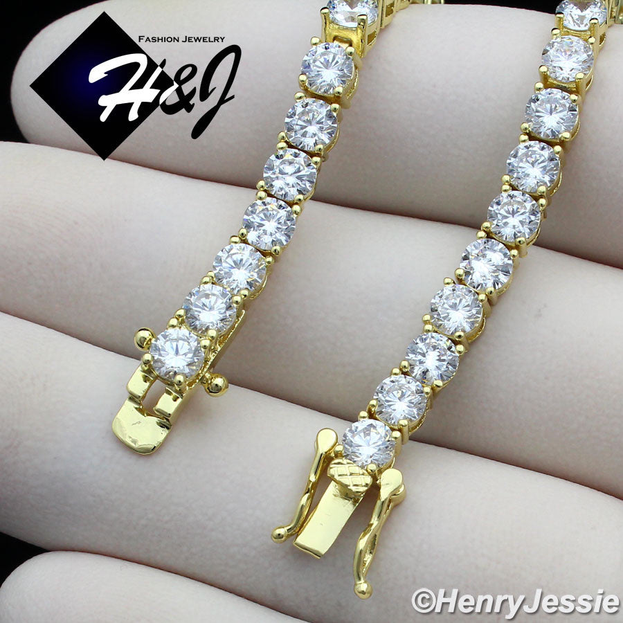 7"MEN WOMEN 14K GOLD PLATED 4MM ICY CZ GOLD 1 ROW TENNIS CHAIN BRACELET*BGB2