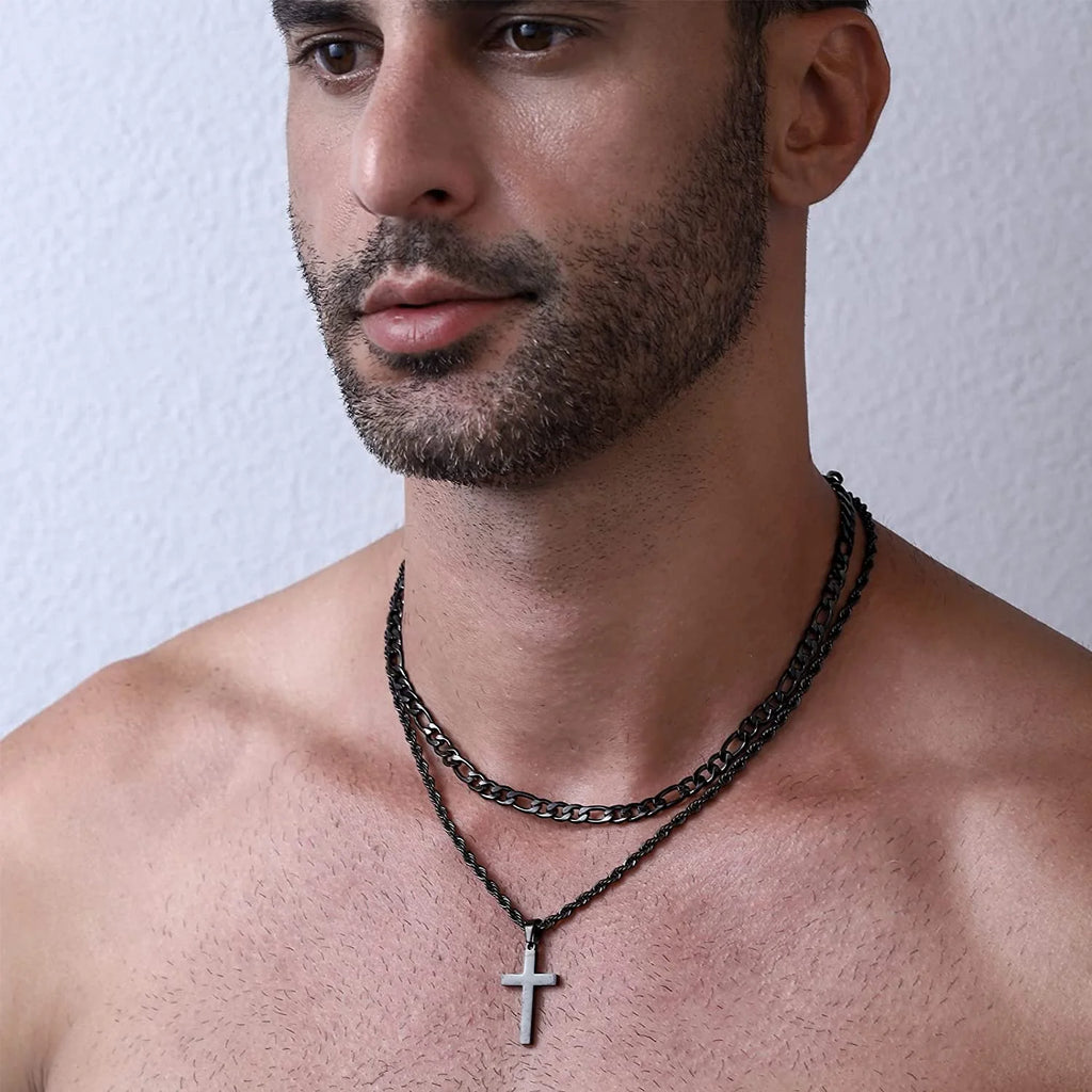Layered Black Cross Necklaces for Men Boys Stainless Steel Figaro Twist Rope Pendant Chain Set Religious Christian Birthday Valentines Day Jewelry Gifts Him Teen Dad Husband Adults Kids Ideas