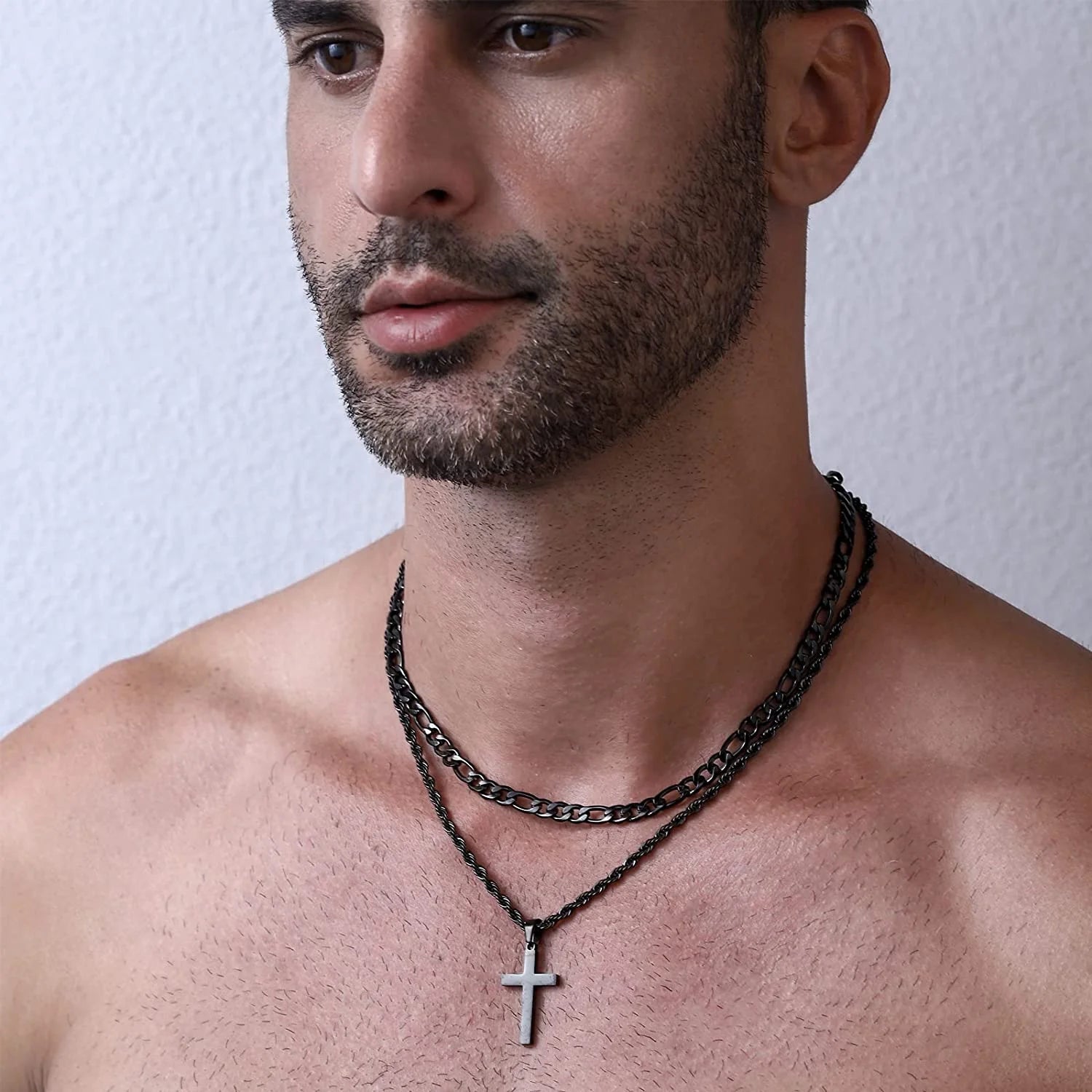 Layered Black Cross Necklaces for Men Boys Stainless Steel Figaro Twist Rope Pendant Chain Set Religious Christian Birthday Valentines Day Jewelry Gifts Him Teen Dad Husband Adults Kids Ideas