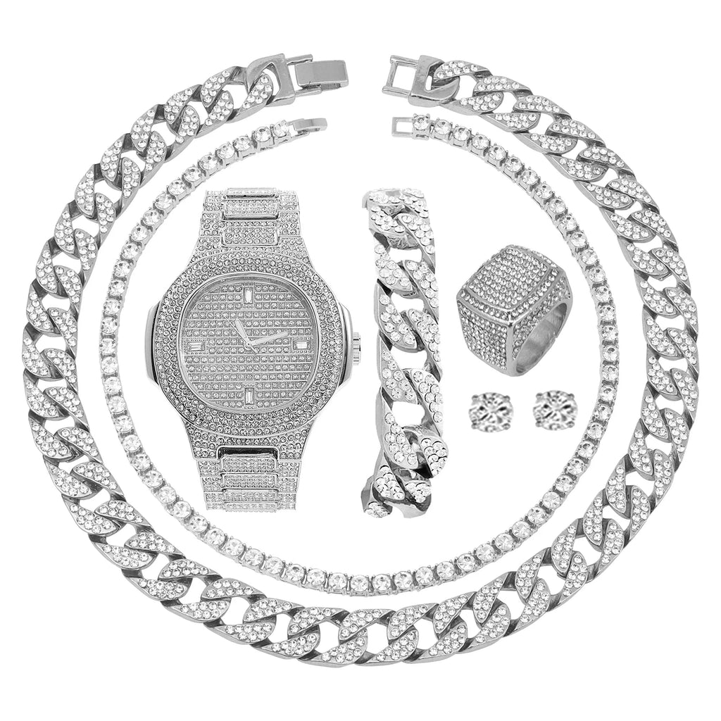 Silver Plated Bling-Ed Out Oblong Case Metal Mens Watch W/Matching Cuban Chain Bracelet, Cuban Necklace, Tennis Chain & Ring Size 8-8967CRNTS (8)