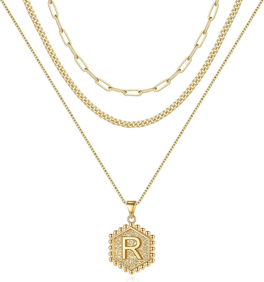 MOOHAM Layered Initial Necklaces - 14K Real Gold Plated Layered Necklace Initial Necklace Paperclip Chain for Women