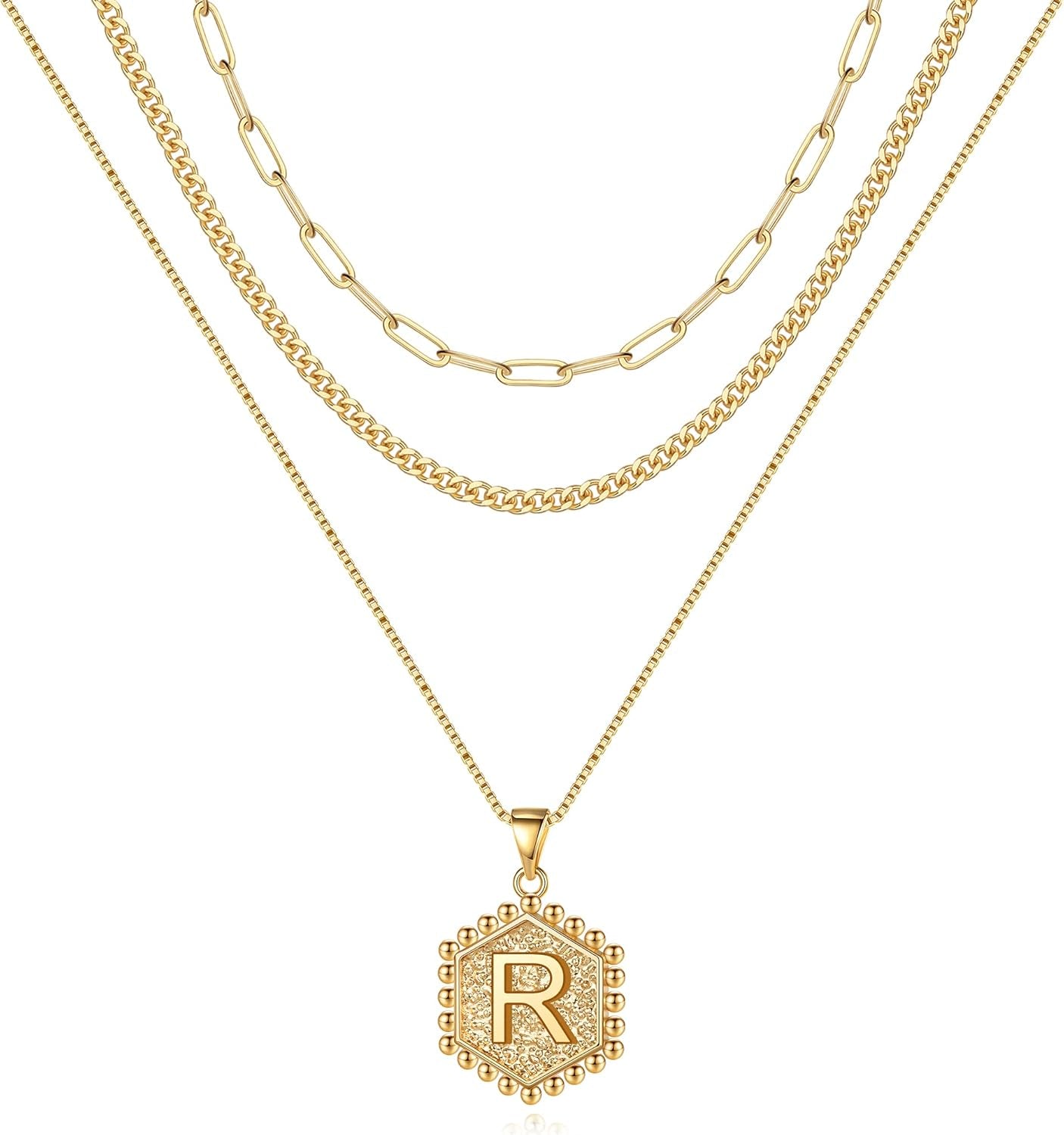 MOOHAM Layered Initial Necklaces - 14K Real Gold Plated Layered Necklace Initial Necklace Paperclip Chain for Women