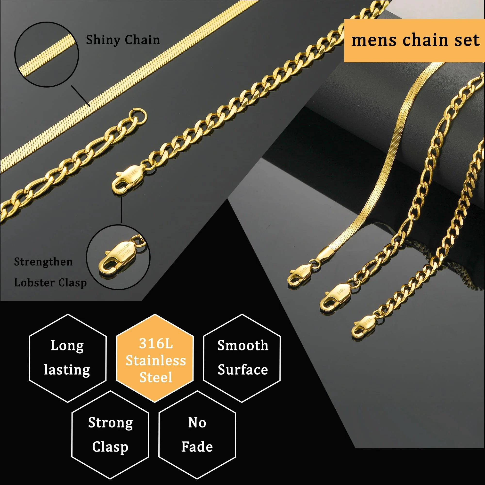 3 Pcs Gold Necklaces for Men Boys Women Stainless Steel Cuban Figaro Herringbone Chains Set Birthday Valentines Day Jewelry Gifts Teen Him Husband Dad Adults Kids Ideas 16/18/20/22/24 Inch