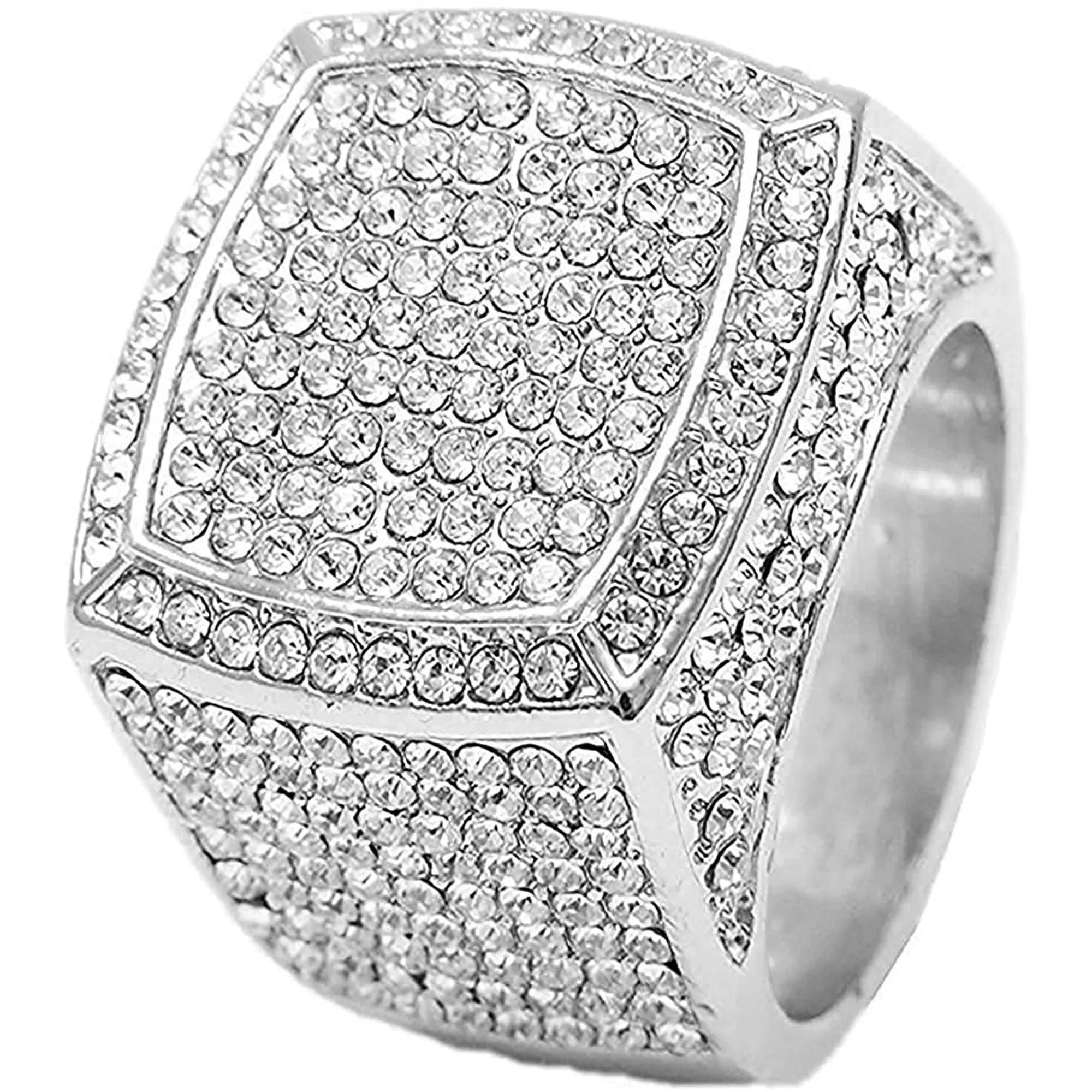 Silver Plated Bling-Ed Out Oblong Case Metal Mens Watch W/Matching Cuban Chain Bracelet, Cuban Necklace, Tennis Chain & Ring Size 8-8967CRNTS (8)