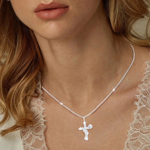 18K White Gold Plated Rose Cross Necklaces for Women Girls S925 Sterling Silver April Birthstone Pendant with Crystal Birthday Valentines Day Jewelry Gifts Teen Her Adults Kids Ideas Age