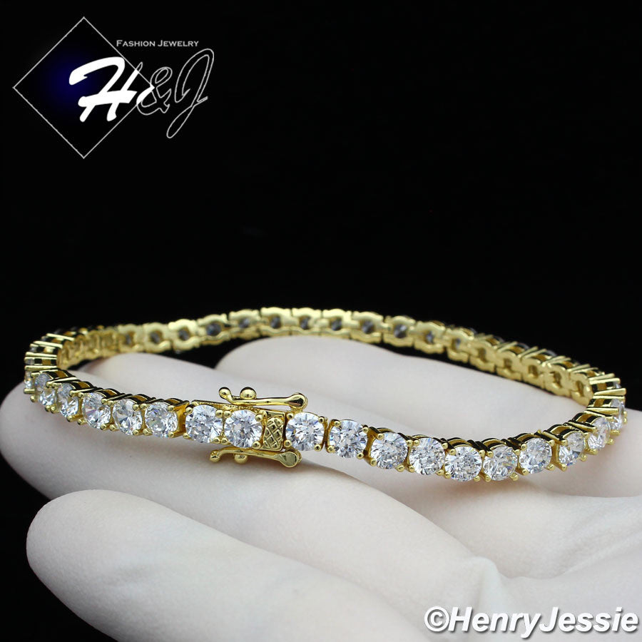 7"MEN WOMEN 14K GOLD PLATED 4MM ICY CZ GOLD 1 ROW TENNIS CHAIN BRACELET*BGB2