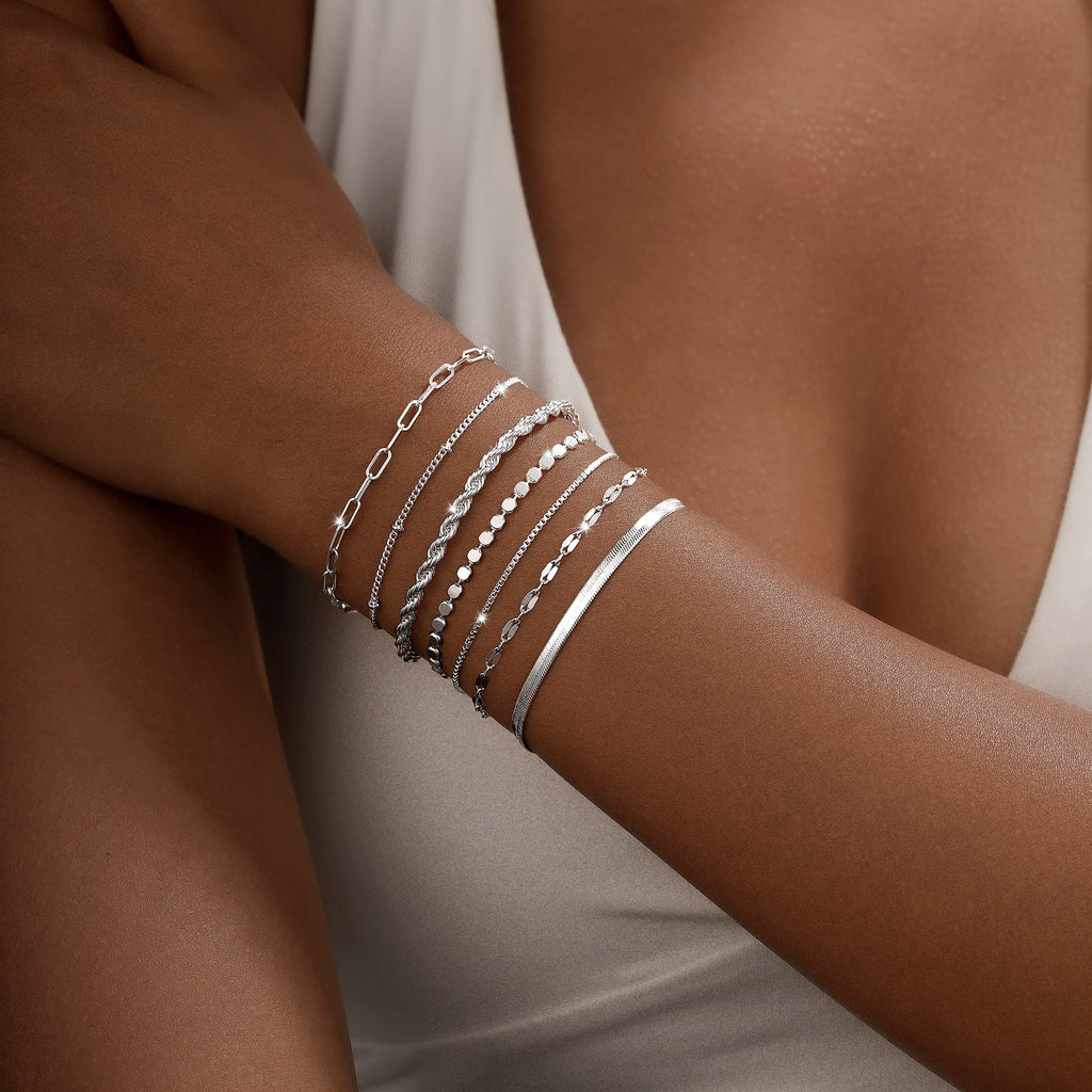 Silver Plated Bracelets for Women Stack Set Trendy Stackable Non Tarnish Paperclip Chain Bracelets for Women