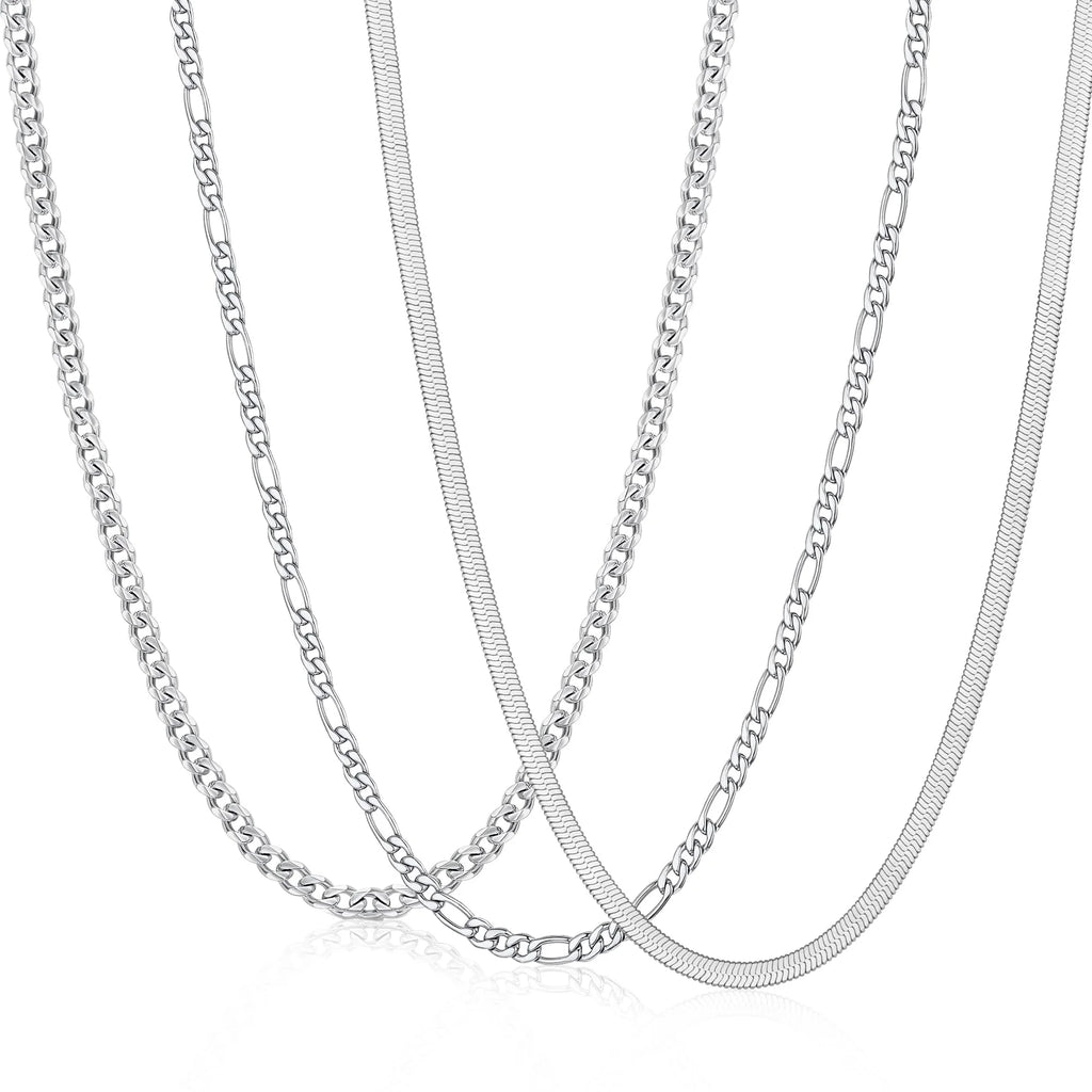 3 Pcs Silver Necklaces for Men Boys Women Stainless Steel Cuban Figaro Herringbone Chains Set Birthday Valentines Day Jewelry Gifts Teen Him Husband Dad Adults Kids Ideas 16/18/20/22/24 Inch