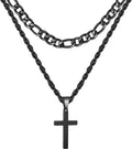 Layered Black Cross Necklaces for Men Boys Stainless Steel Figaro Twist Rope Pendant Chain Set Religious Christian Birthday Valentines Day Jewelry Gifts Him Teen Dad Husband Adults Kids Ideas