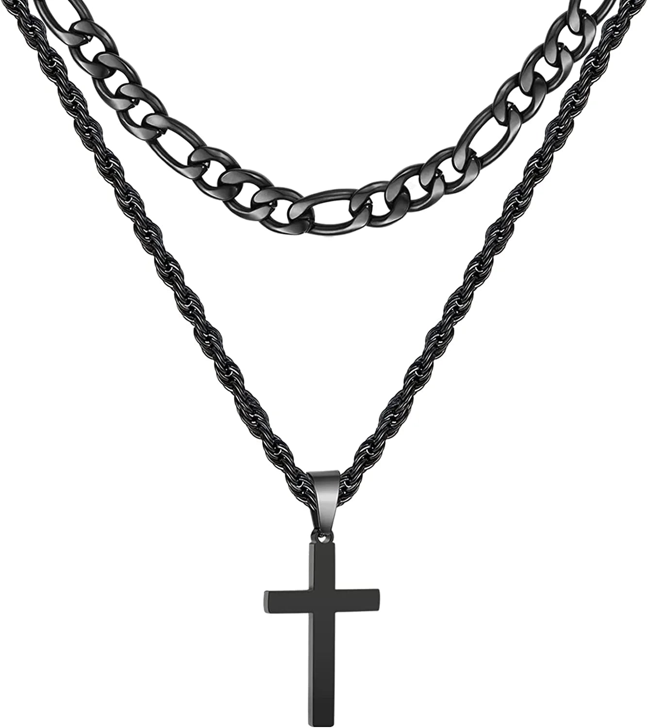 Layered Black Cross Necklaces for Men Boys Stainless Steel Figaro Twist Rope Pendant Chain Set Religious Christian Birthday Valentines Day Jewelry Gifts Him Teen Dad Husband Adults Kids Ideas