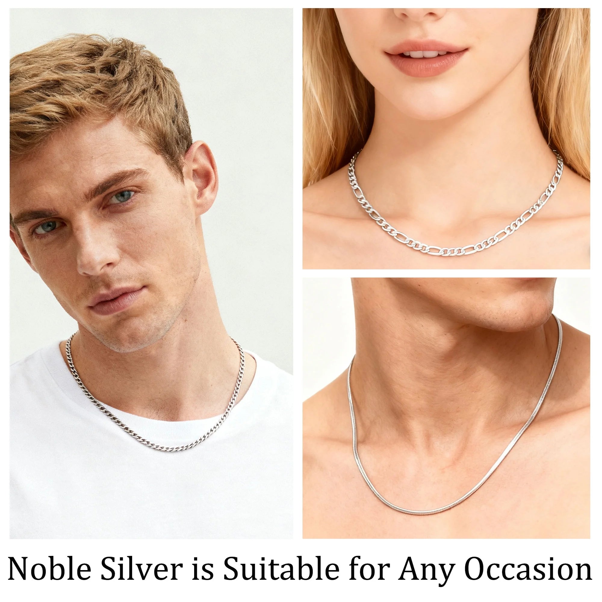 3 Pcs Silver Necklaces for Men Boys Women Stainless Steel Cuban Figaro Herringbone Chains Set Birthday Valentines Day Jewelry Gifts Teen Him Husband Dad Adults Kids Ideas 16/18/20/22/24 Inch
