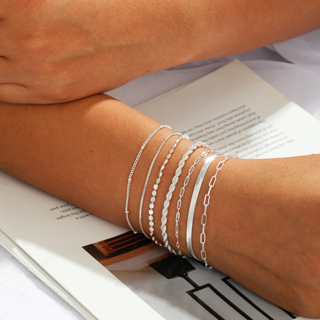Silver Plated Bracelets for Women Stack Set Trendy Stackable Non Tarnish Paperclip Chain Bracelets for Women