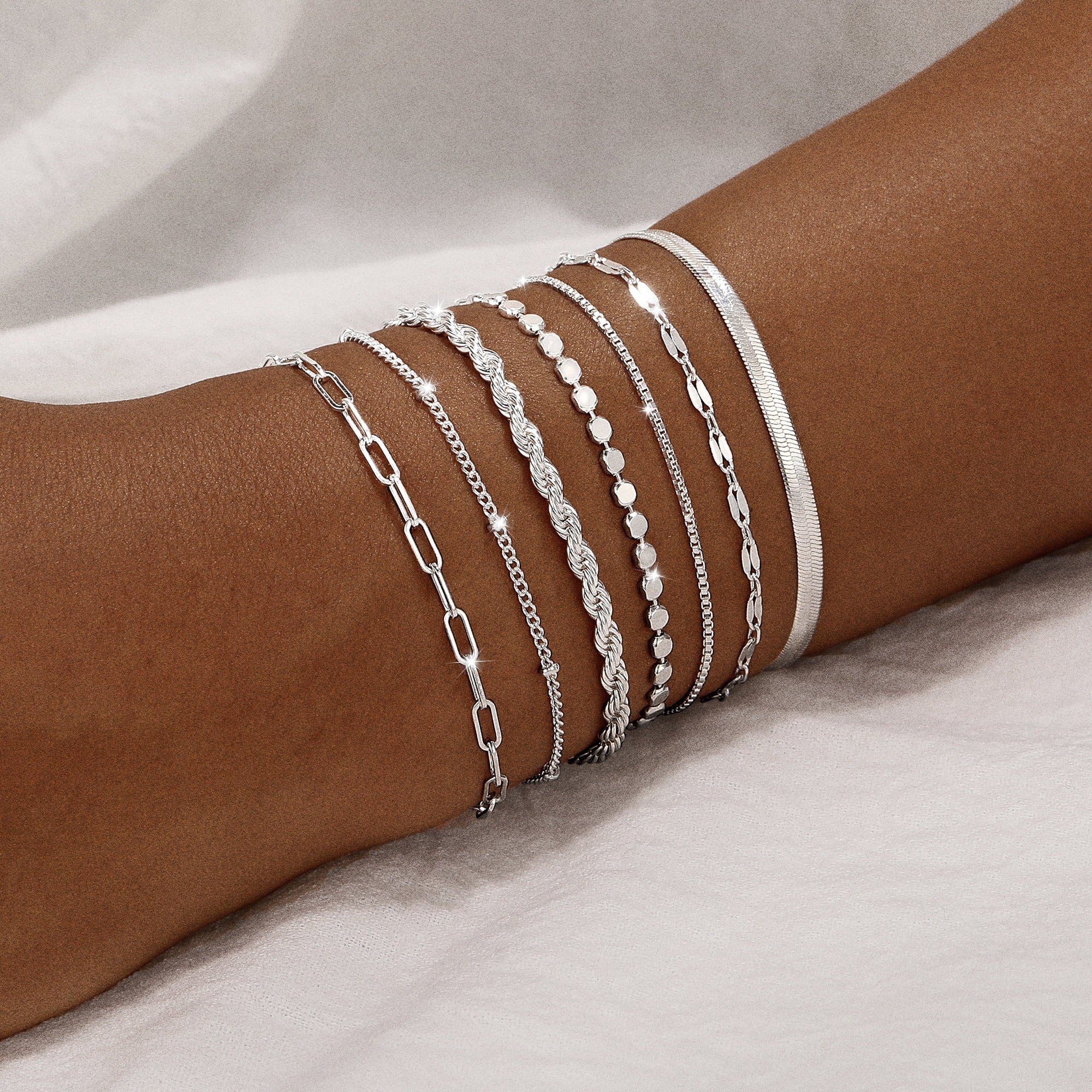 Silver Plated Bracelets for Women Stack Set Trendy Stackable Non Tarnish Paperclip Chain Bracelets for Women