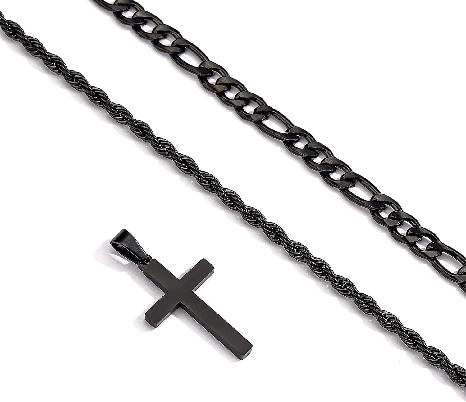 Layered Black Cross Necklaces for Men Boys Stainless Steel Figaro Twist Rope Pendant Chain Set Religious Christian Birthday Valentines Day Jewelry Gifts Him Teen Dad Husband Adults Kids Ideas