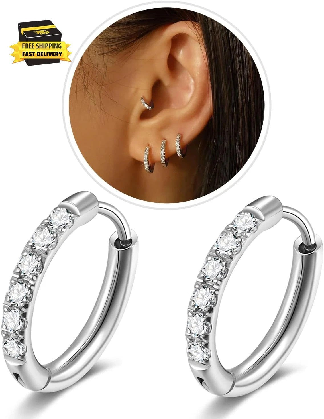 1 Pair Small Hoop Earrings for Women Men,316L Surgical Steel Hinge Huggie Hoop E