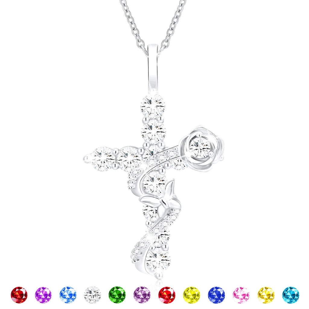 18K White Gold Plated Rose Cross Necklaces for Women Girls S925 Sterling Silver April Birthstone Pendant with Crystal Birthday Valentines Day Jewelry Gifts Teen Her Adults Kids Ideas Age