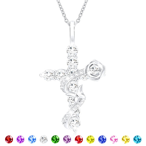 18K White Gold Plated Rose Cross Necklaces for Women Girls S925 Sterling Silver April Birthstone Pendant with Crystal Birthday Valentines Day Jewelry Gifts Teen Her Adults Kids Ideas Age