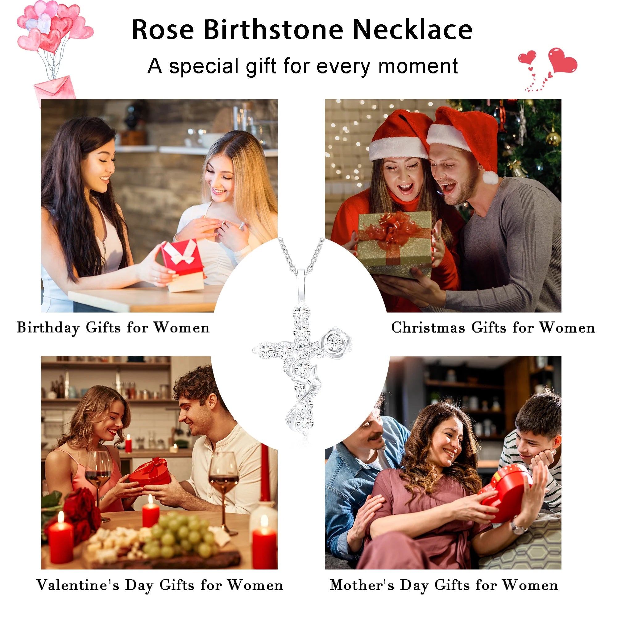 18K White Gold Plated Rose Cross Necklaces for Women Girls S925 Sterling Silver April Birthstone Pendant with Crystal Birthday Valentines Day Jewelry Gifts Teen Her Adults Kids Ideas Age