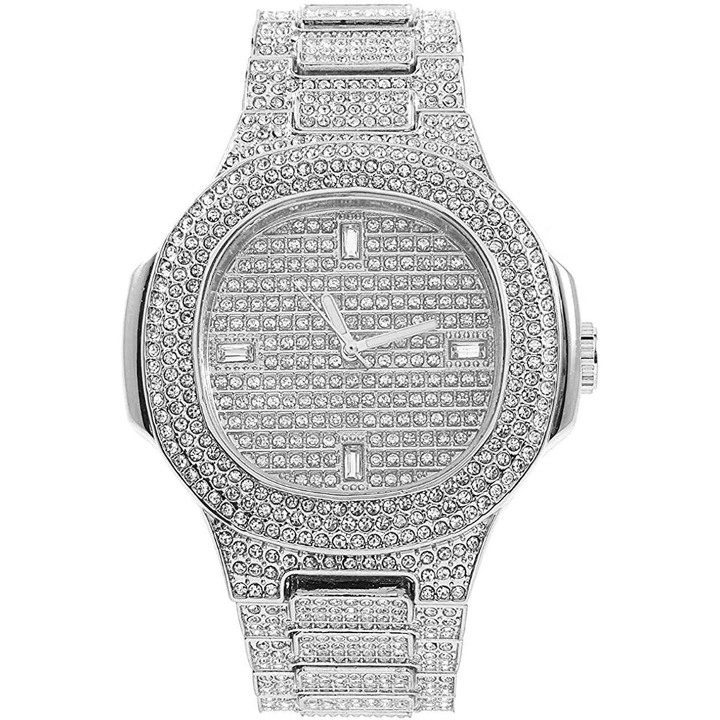 Silver Plated Bling-Ed Out Oblong Case Metal Mens Watch W/Matching Cuban Chain Bracelet, Cuban Necklace, Tennis Chain & Ring Size 8-8967CRNTS (8)