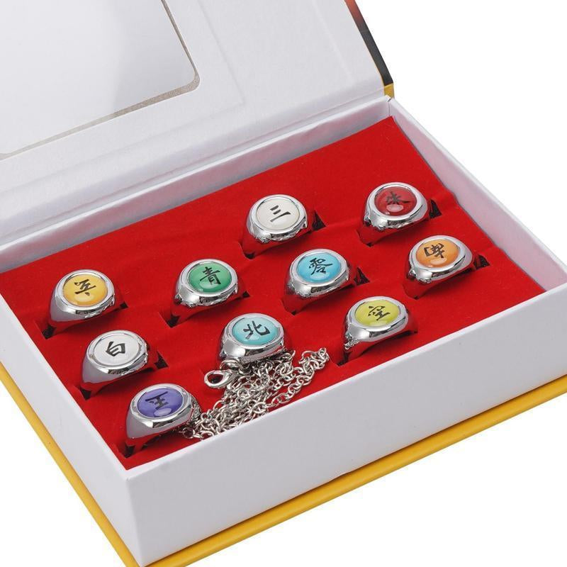 Naruto Akatsuki Rings Set 10Pcs with Chain Cosplay Itachi Sharingan Box Anime