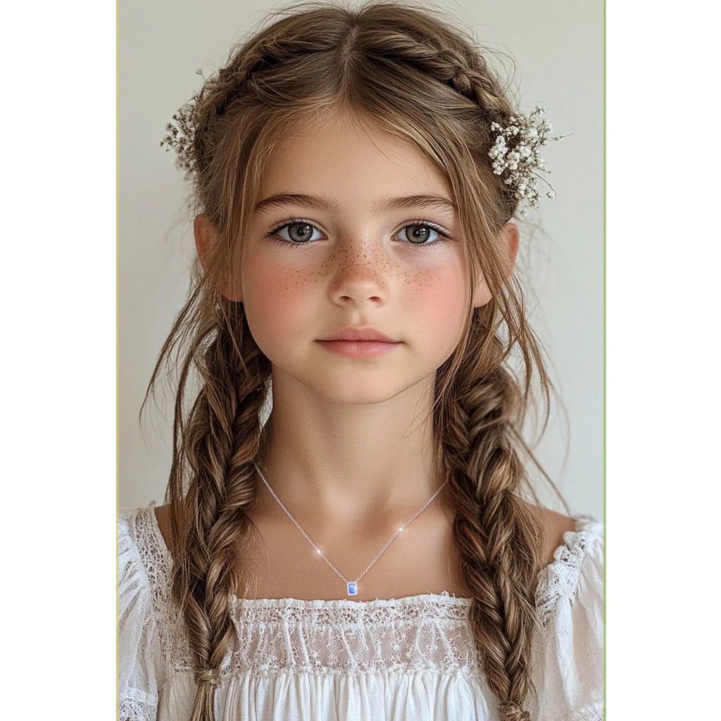 Rectangle Necklaces for Women Girls CZ S925 Sterling Silver March Birthstone Pendant with Blue Aquamarine Birthday Valentines Day Jewelry Gifts Teen Her Mom Adults Wife Girlfriend Kids Ideas