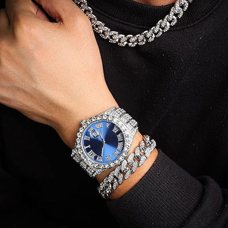 Fashion Diamond Watch for Men Iced Out Wristwatch Band Trim Hip Hop Bracelet Necklace Set