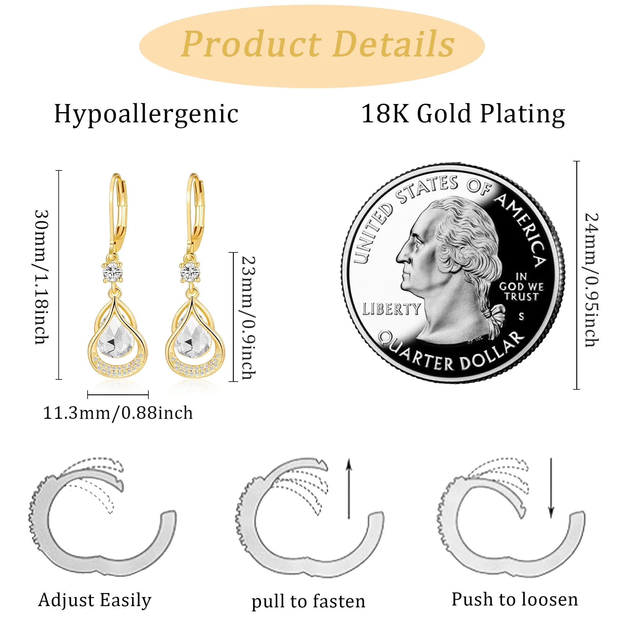 18K Gold Plated Drop Earrings for Women Girls April Birthstone Earrings with CZ Crystal Birthday Valentines Day Jewelry Gifts Teen Her Mom Girlfriend Adults Wife Female Daughter Kids Age Ideas