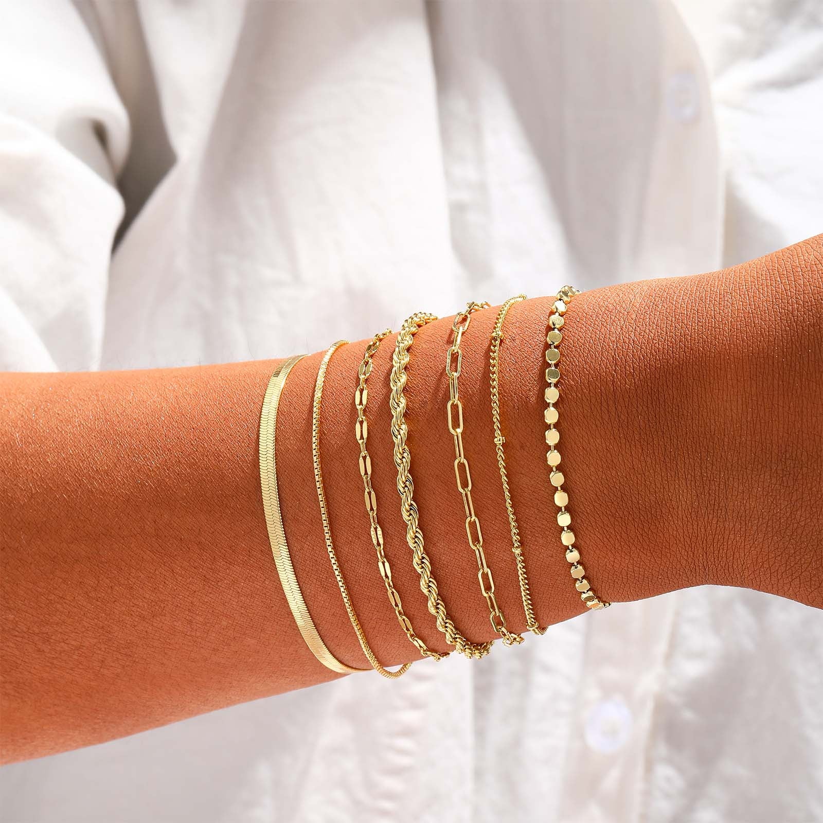 7PCS Gold Plated Bracelets for Women Stack Set Trendy Stackable Non Tarnish Paperclip Chain Bracelets