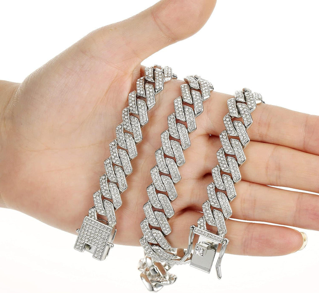 Mens Cuban Link Chain Iced Out Silver Miami Cuban Necklace Bling Diamond Chain Hip Hop Jewelry with Gift Box for Women