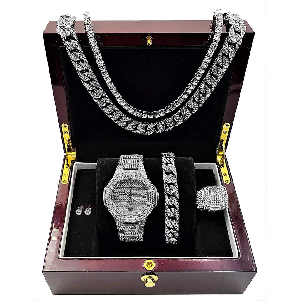 Silver Plated Bling-Ed Out Oblong Case Metal Mens Watch W/Matching Cuban Chain Bracelet, Cuban Necklace, Tennis Chain & Ring Size 8-8967CRNTS (8)
