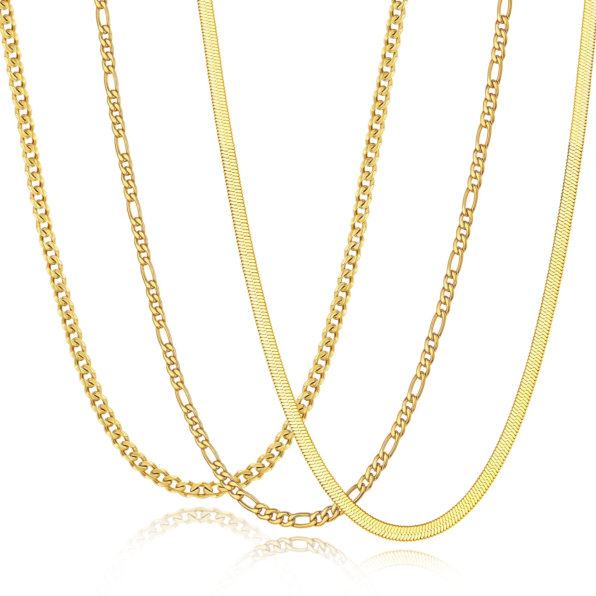 3 Pcs Gold Necklaces for Men Boys Women Stainless Steel Cuban Figaro Herringbone Chains Set Birthday Valentines Day Jewelry Gifts Teen Him Husband Dad Adults Kids Ideas 16/18/20/22/24 Inch